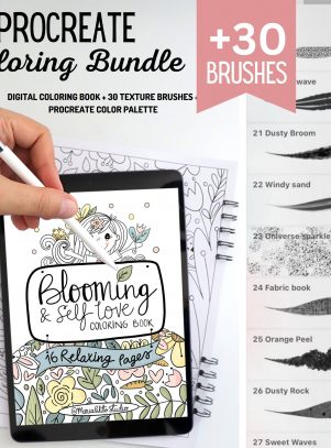 PROCREATE BRUSH SET + Self-Love Digital Coloring Book Bundle | Blooming Digital Coloring Book + 30 Procreate Brush Set Bundle M044