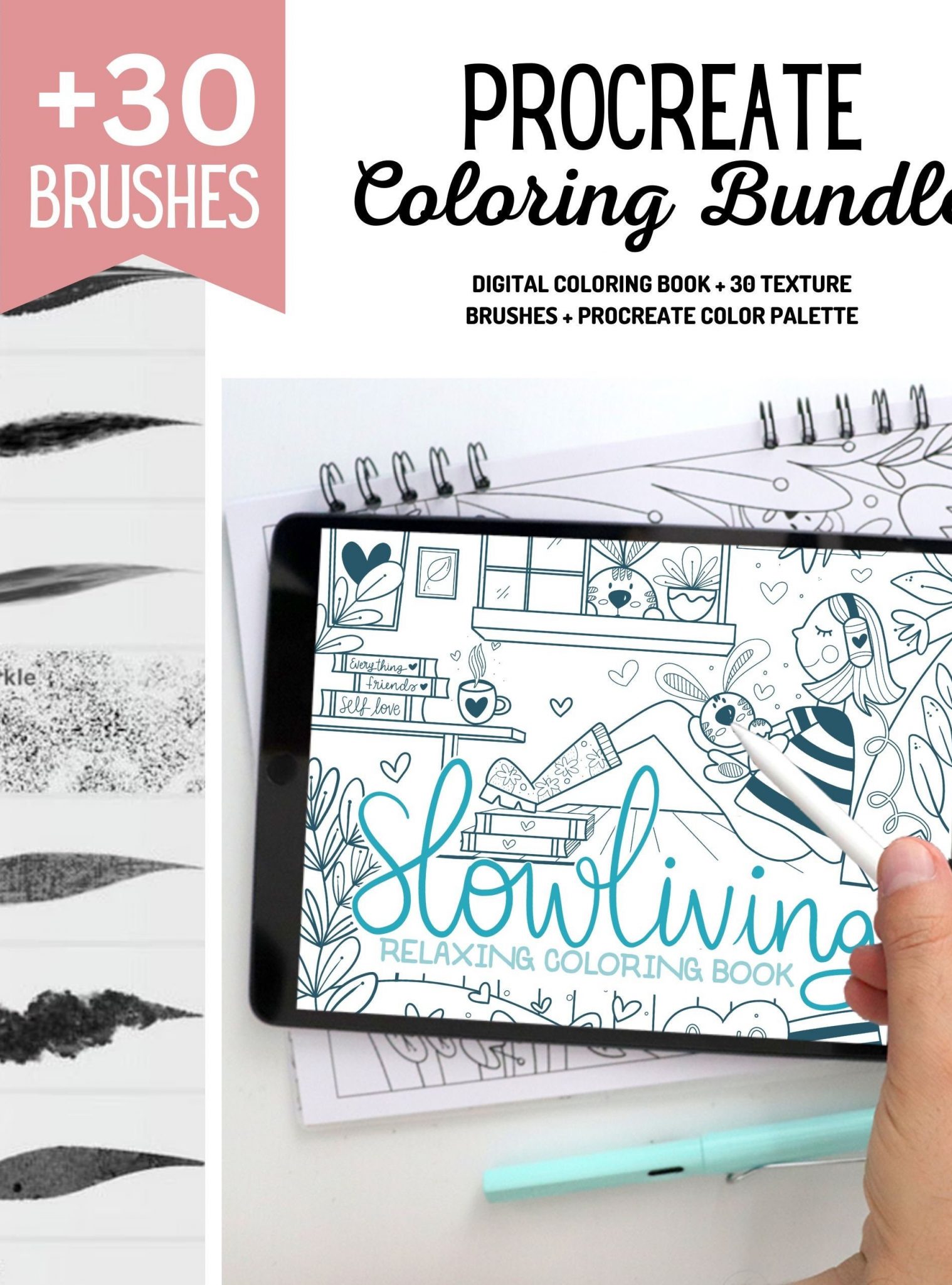 PROCREATE BRUSH Set + Slowdown Coloring Book Bundle | Slowdown Digital Coloring Book + 30 Illustration & Texture Brush Set M060