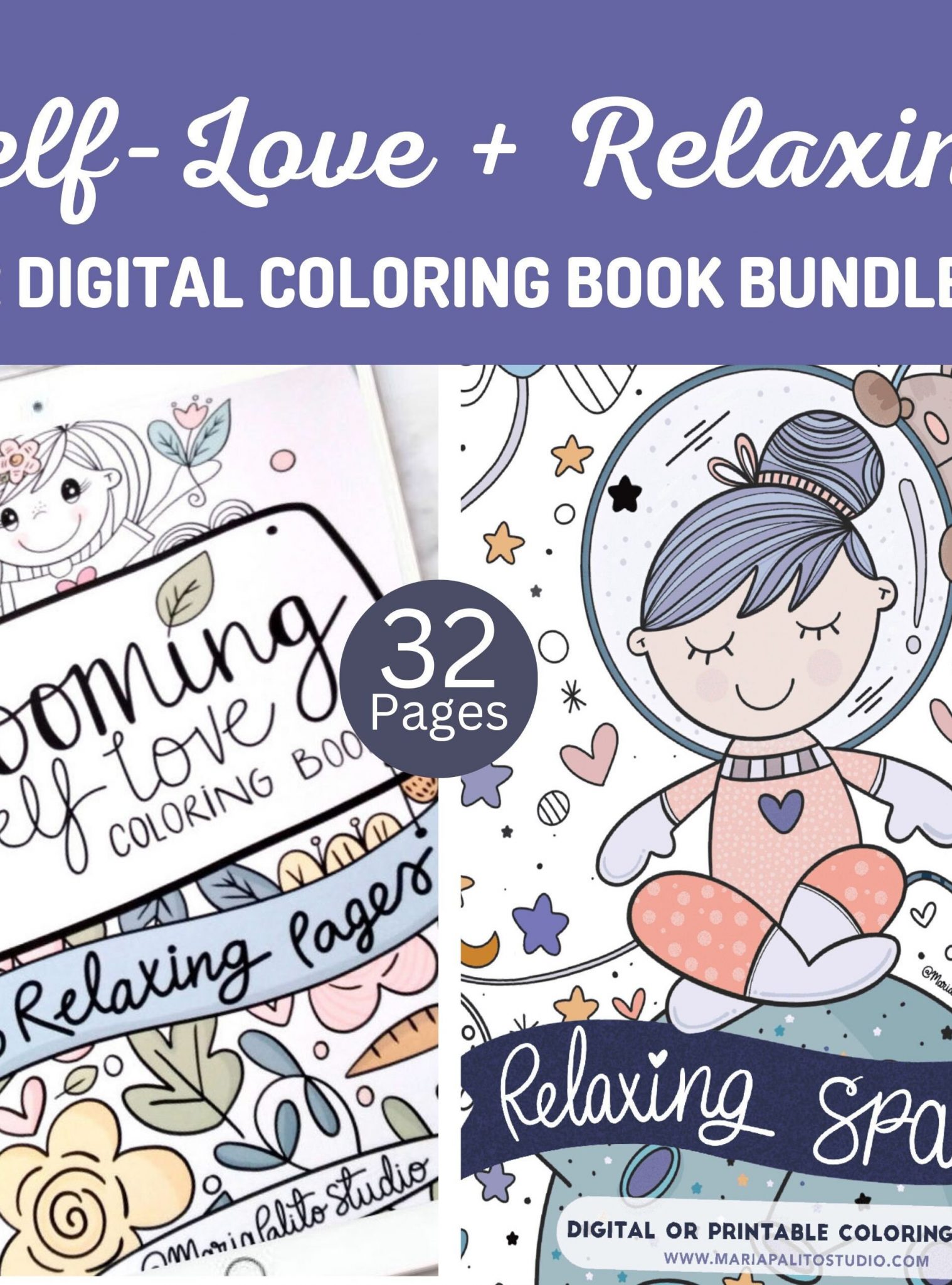 Self-Love + Relaxing Digital Coloring Book Bundle | 32 Procreate digital Coloring Pages + Procreate Color Palettes | M051