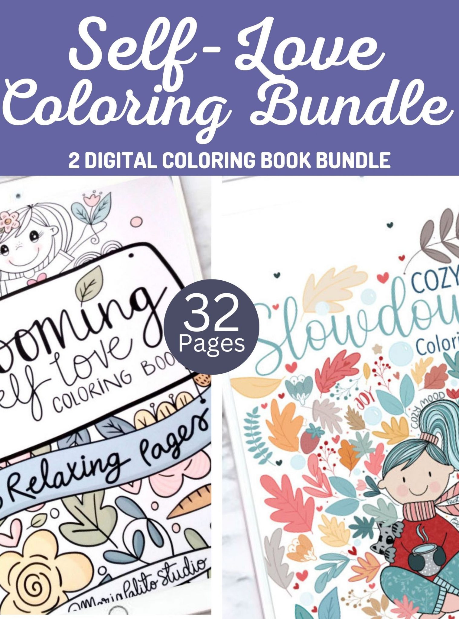 32 Girly Digital Coloring Book Bundle | Self-Love + Cozy Gir Cute Coloring Pages + 2 Procreate Color Palettes | M062