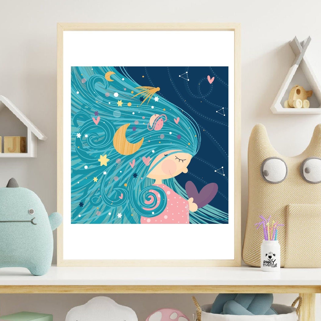 Whimsical Universe Girl Wall Art for Bedroom | Printable Chibi Girl Positive Affirmation Poster | 8x8 Digital Download Illustration | M018