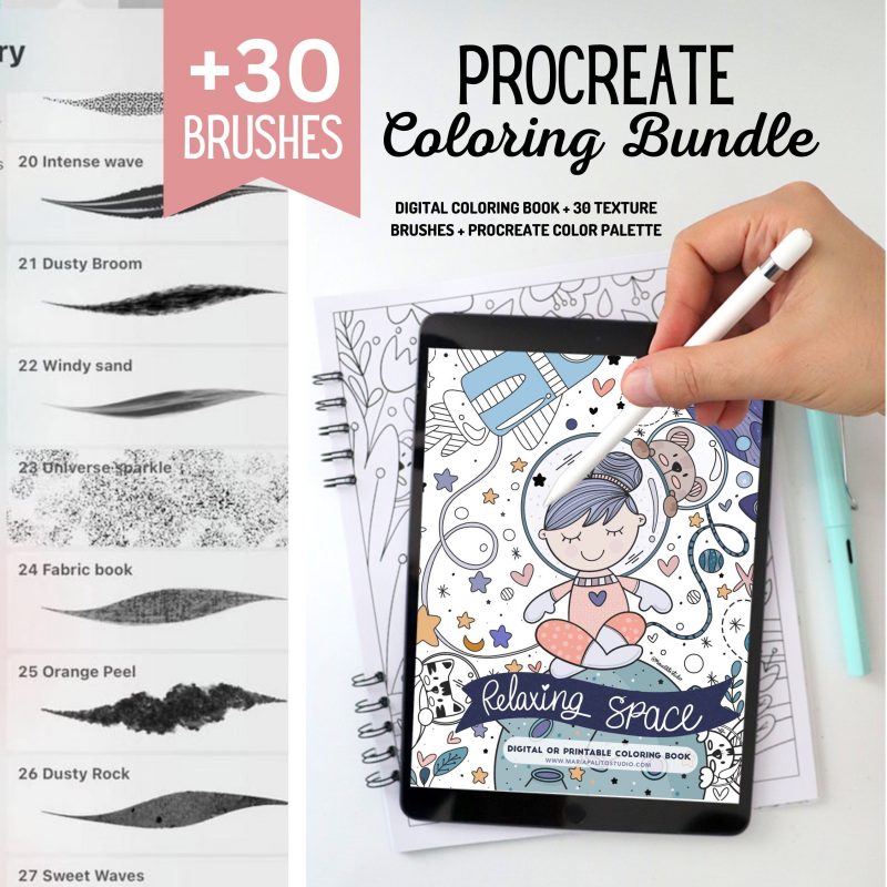 Coloring PROCREATE BRUSH SET + Relaxing Digital Coloring Book Bundle | Space Digital Coloring Book + 30 Procreate Brush Set Bundle M005