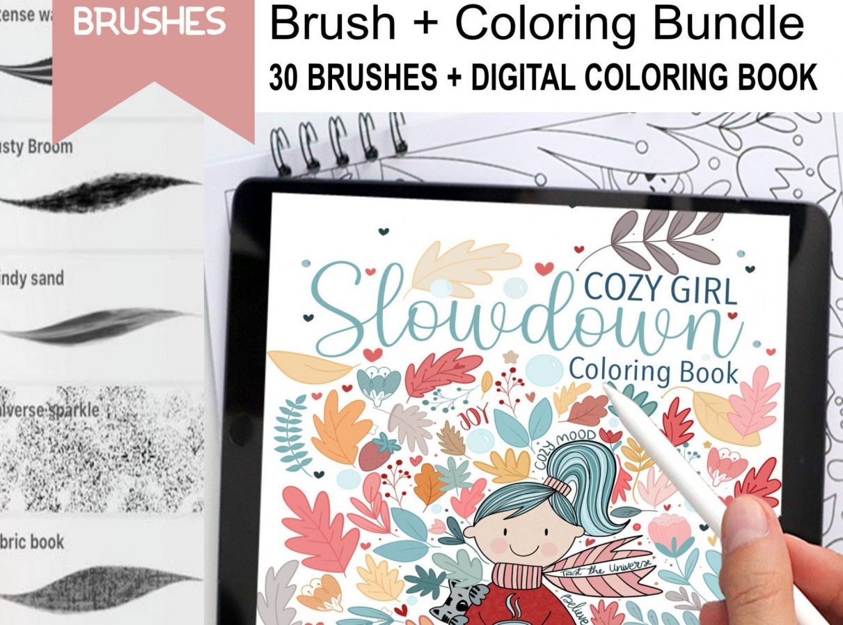 PROCREATE BRUSHES + Coloring Book Bundle Set , 30 Procreate Brushes + Calming Digital Coloring Book, Procreate Learning Gift M056