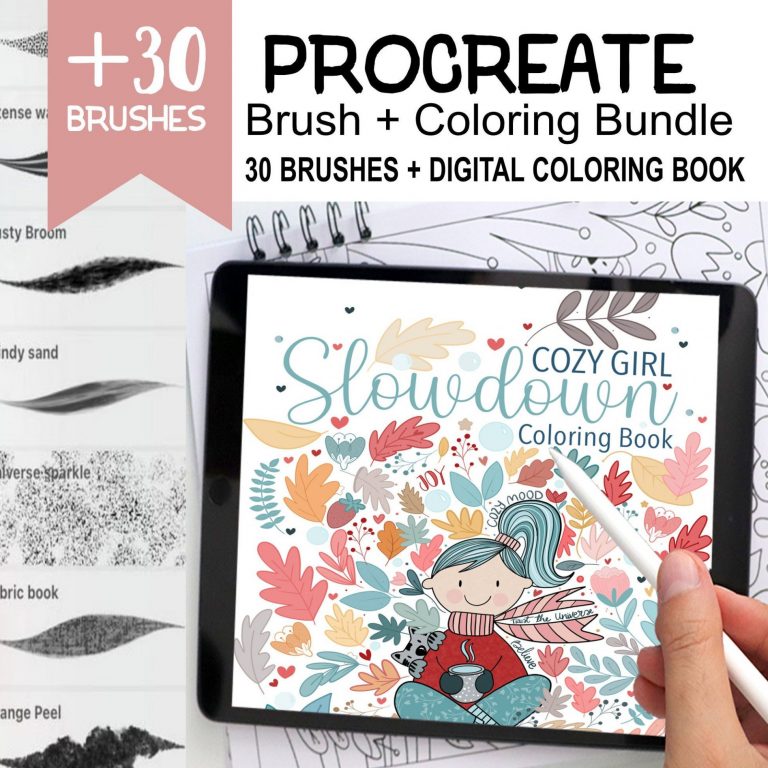 Cozy Girl Procreate Bundle: Coloring Book + 30 Brushes M056