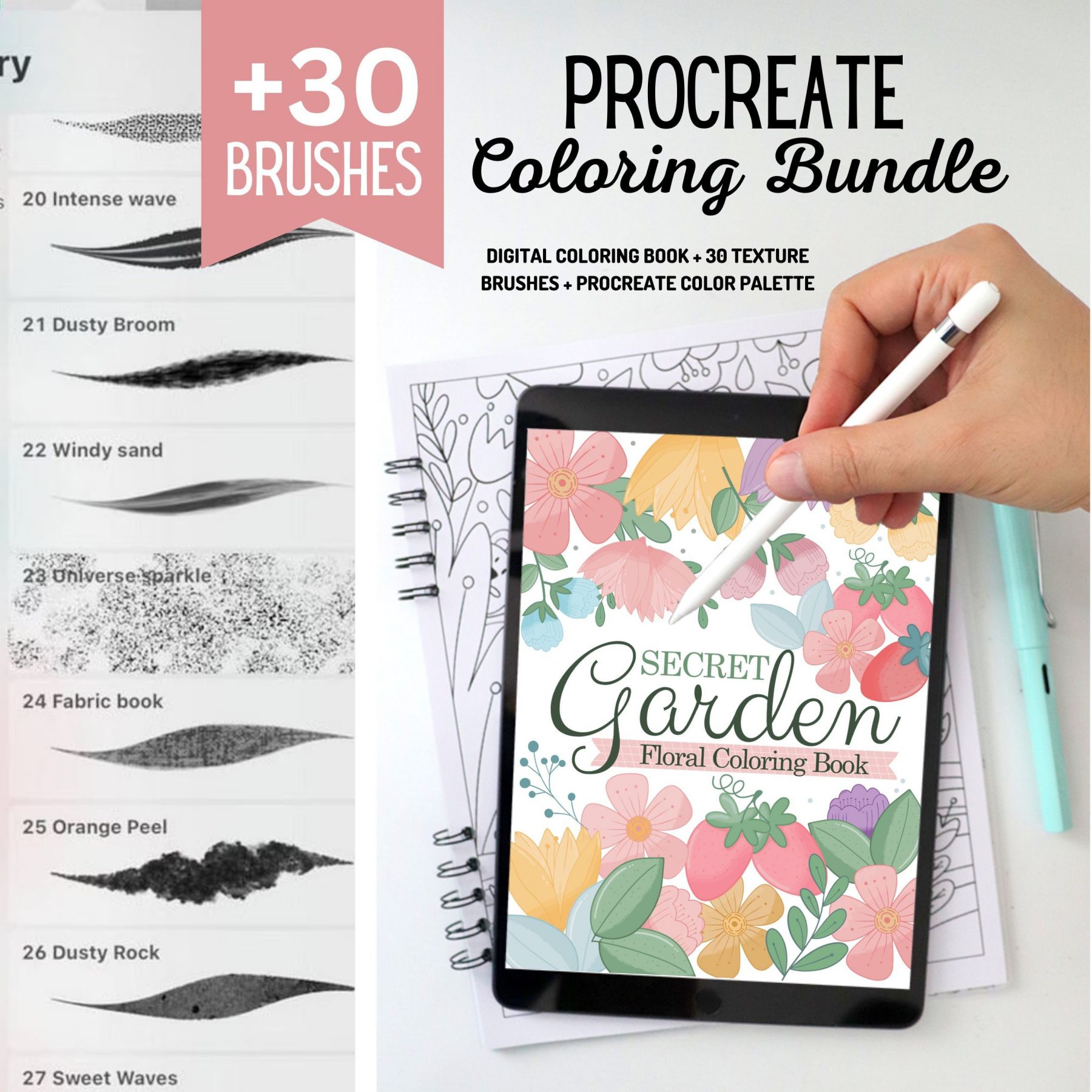 Floral Coloring Procreate Bundle: Coloring Book + 30 Procreate Brushes ...