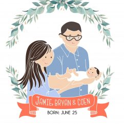 NEWBORN CUSTOM PORTRAIT, Baby Announcement, New Parents Ilustration Gift, Cartoon Family Portrait , Personalized Gift Nursery Decor  M033
