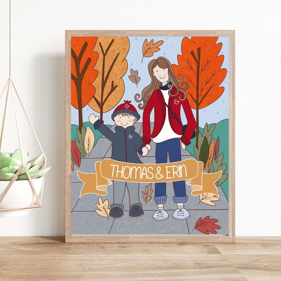 Custom  Family Portrait Gift , Cartoon Mother & Son Hand-drawn Family Poster , Illustration Personalized Art Portrait from Photo M034