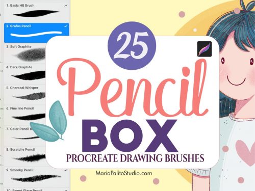 25 Pencil Box Procreate Drawing Brushes - A versatile set of Procreate brushes with realistic pencil textures for whimsical illustrations. Ideal for beginner artists, it includes 25 unique brushes and an 11-page guide