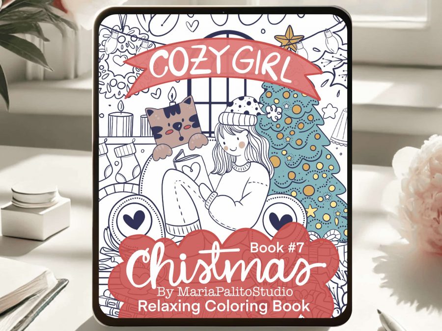 Unwind with Cozy Girl Christmas Coloring Book. Find your inner peace with this enchanting Christmas-themed coloring book. Featuring a cozy girl enjoying a warm beverage by the fireplace with her feline companion.