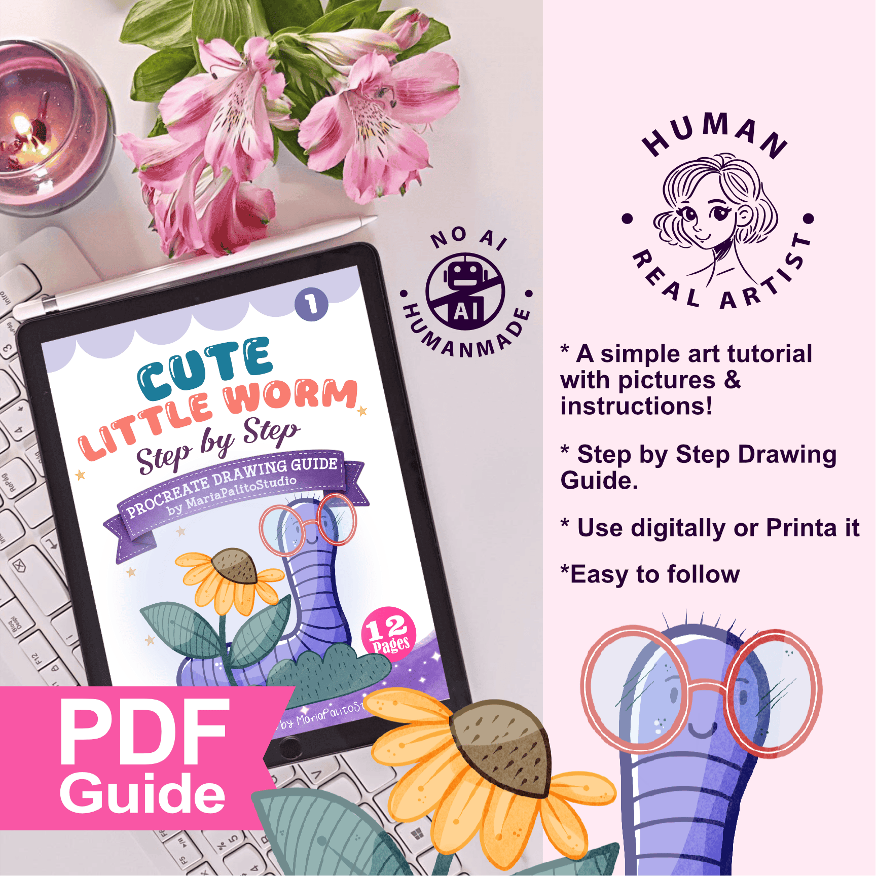 How to Draw a Cute Worm Procreate Drawing Guide Tutorial M030 - Image 3